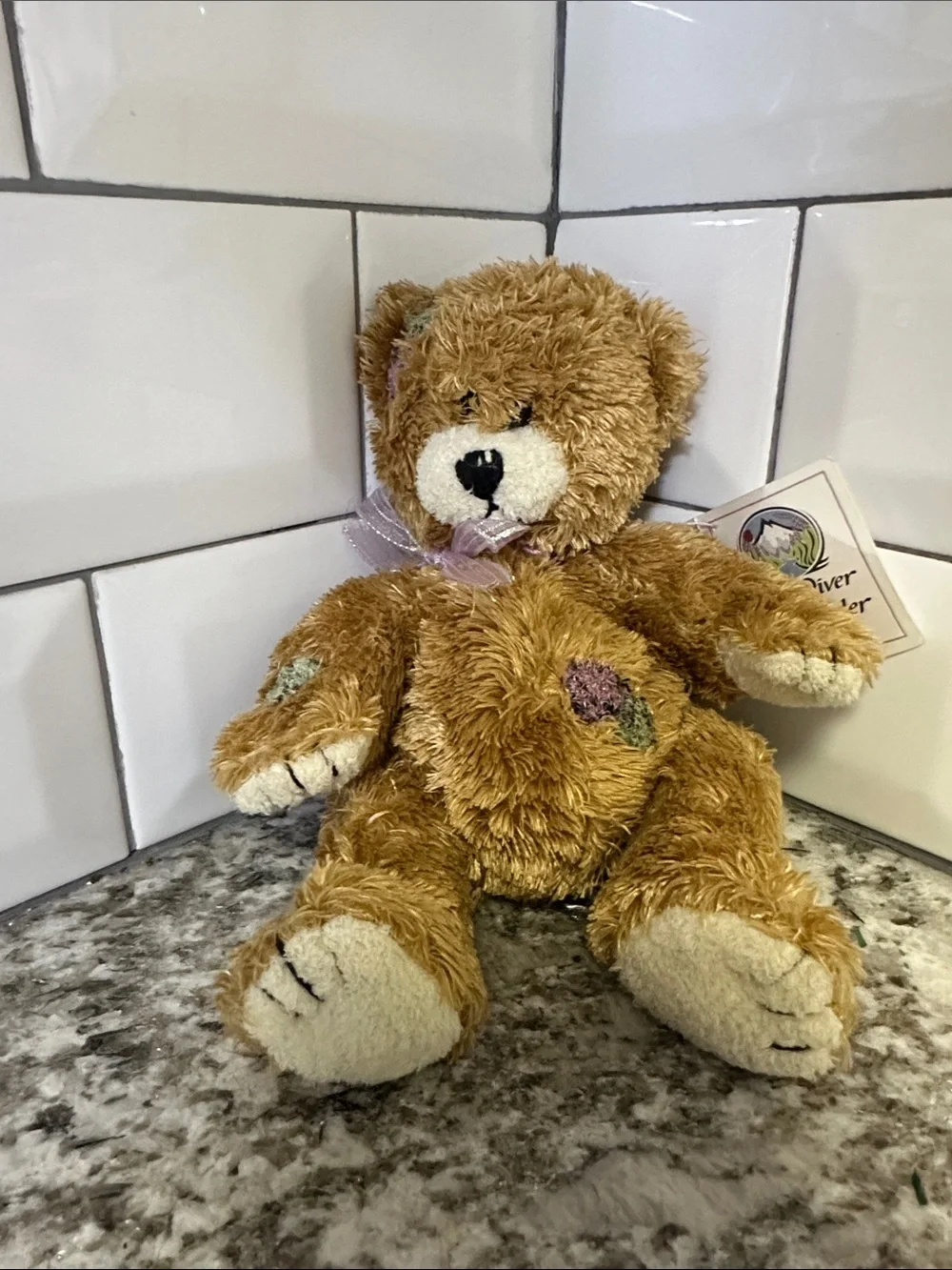 Plush Teddy Bear with Embroidered Flowers and Organic Lavender.